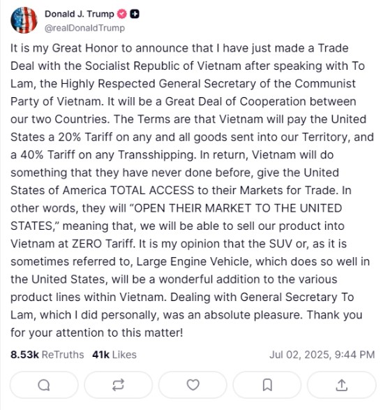 Bài đăng trên truth social của trump 