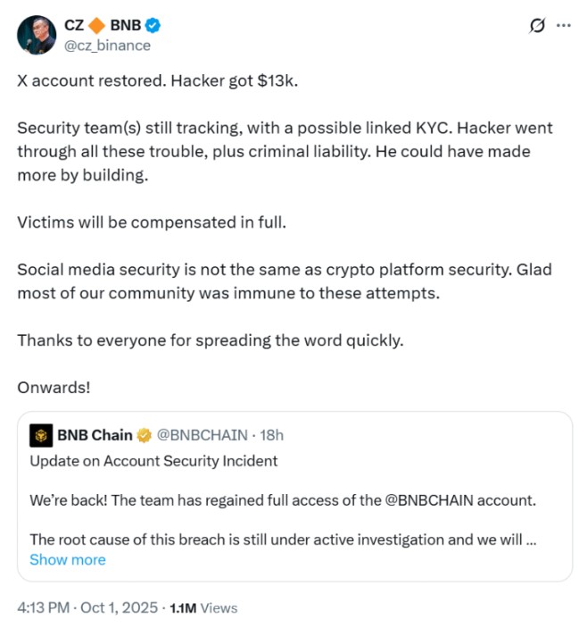 CZ chia sẻ trên X