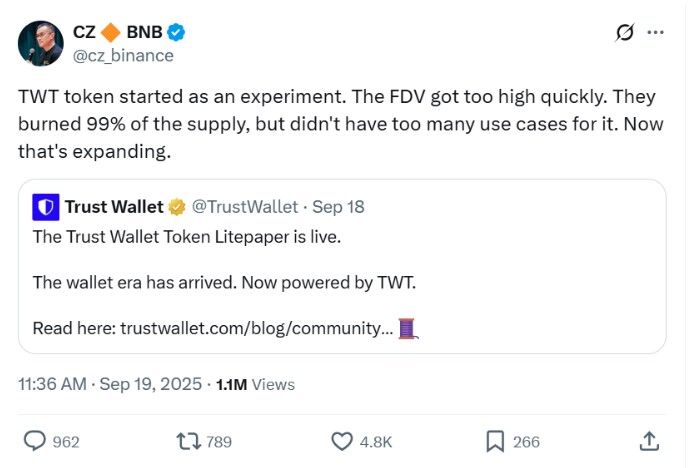 Có nên mua TWT token không khi CZ chia sẻ về dự án này