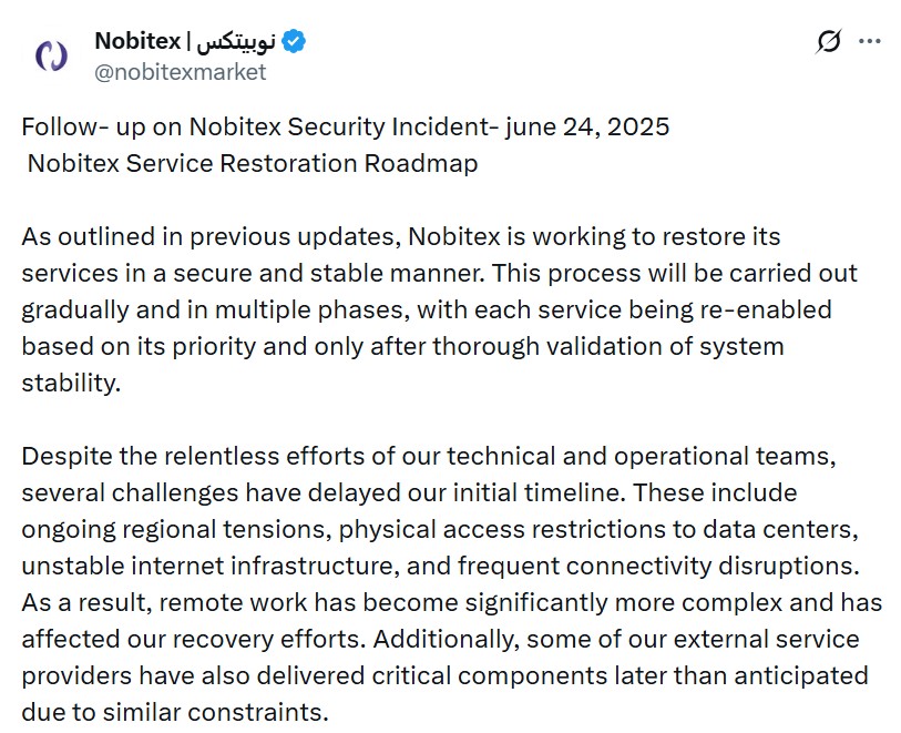 Nobitex thông báo trên X 